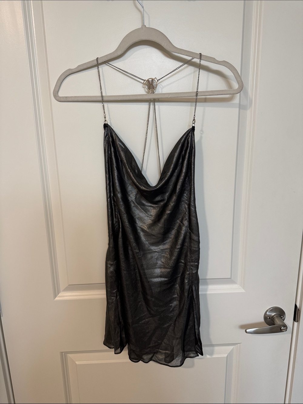 Savage X Fenty Black Metallic Cowl Slip Dress with Chain Straps